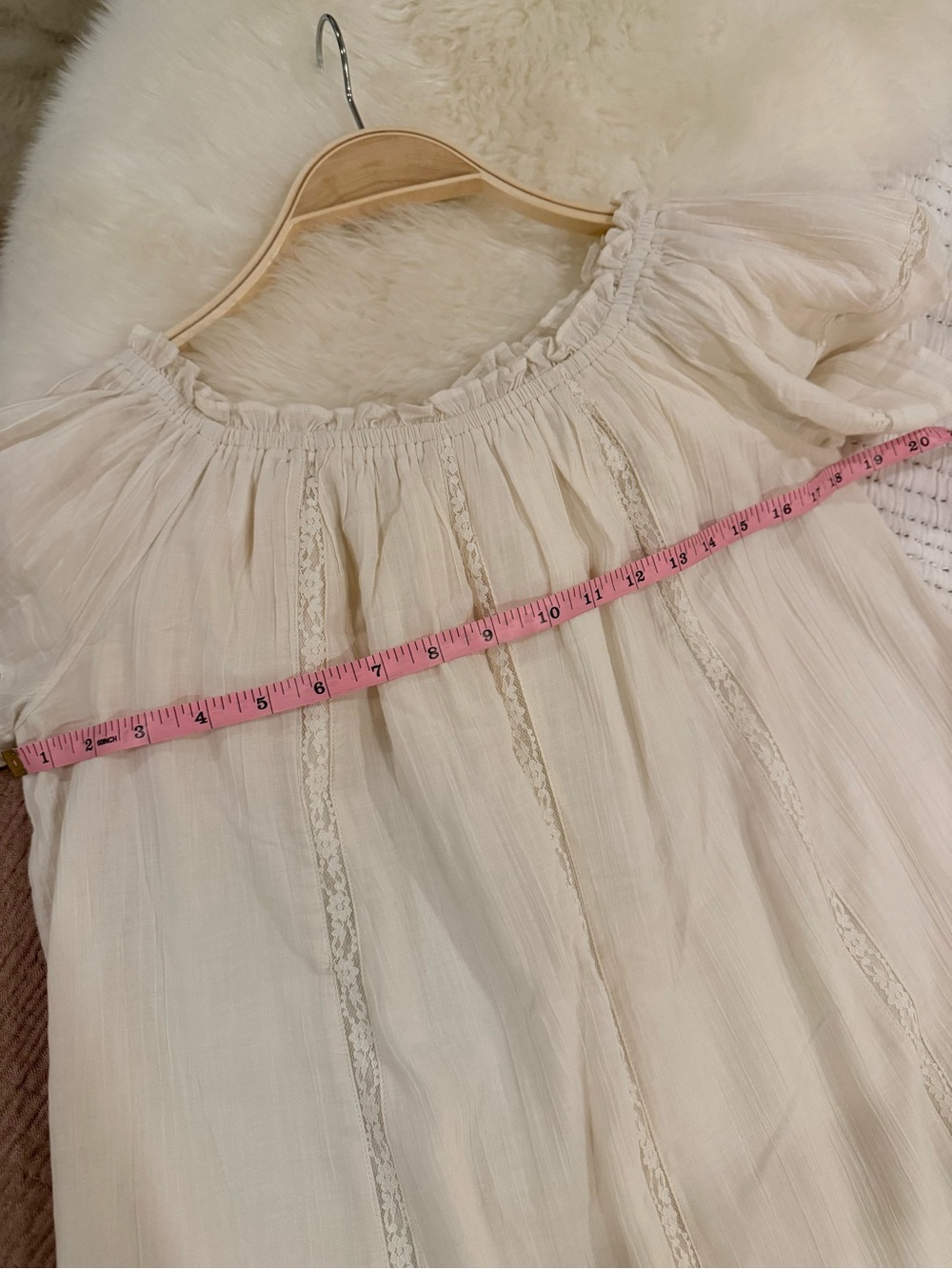 Light Cream Muslin Short-Sleeve Smocked-neck Cotton Lace Trim Dress Aerie Small - Picture 9 of 11